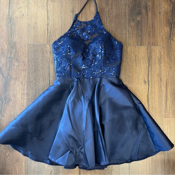 JOLENE navy satin and sequin halter dress SZ 10 - Picture 3 of 6